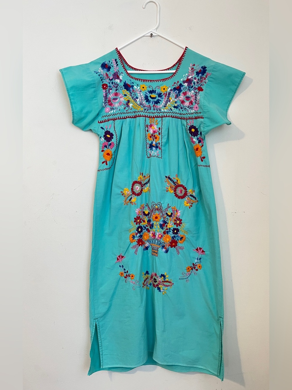 Mexican Teal Embroidered Cotton Dress turquoise casual